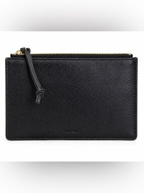 Fossil Black Pebbled Leather Zip Pouch Clutch Minimalist Makeup Bag Logo